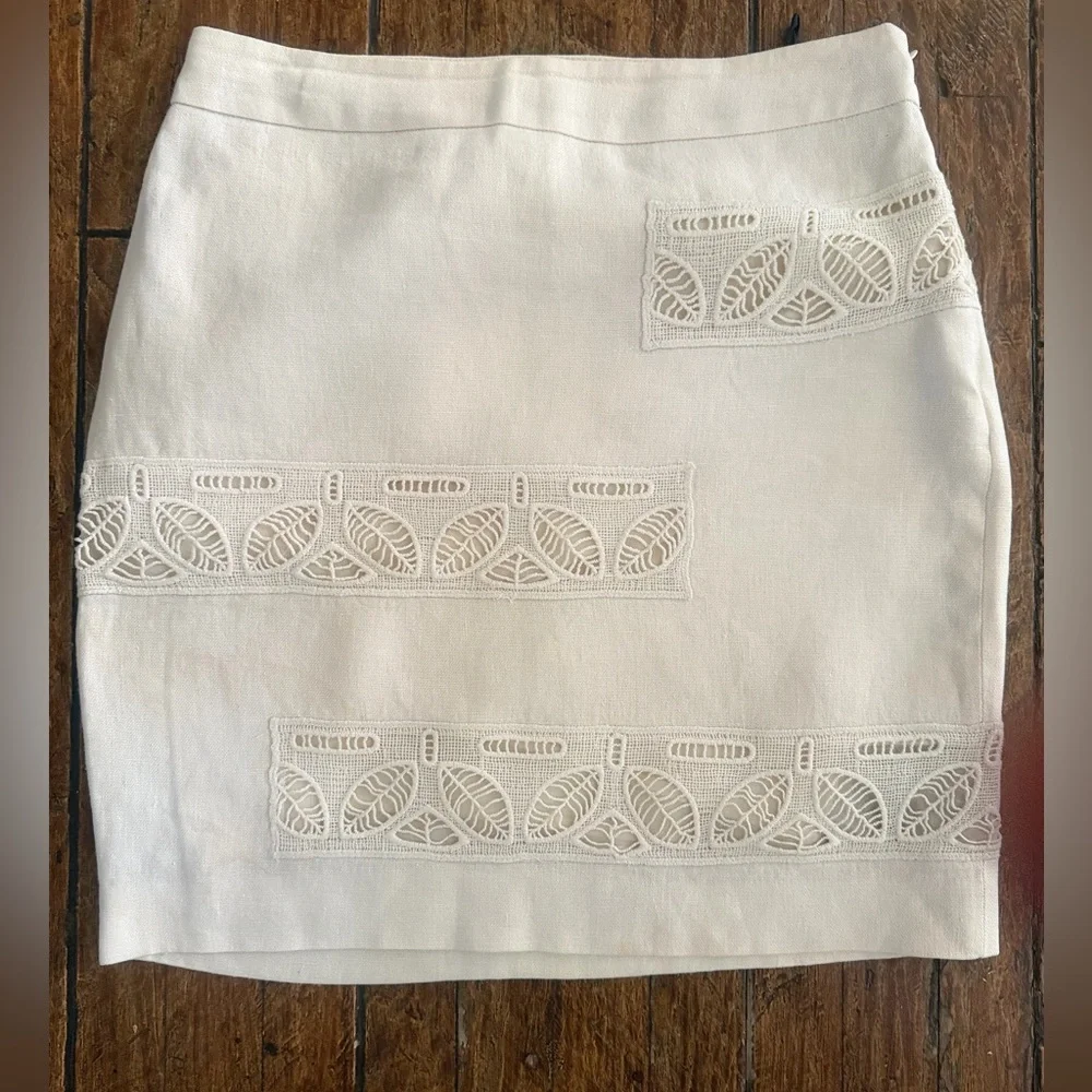Anthropologie Moulinette Soeurs Cream Lace Linen Pencil Skirt  lined Sz 2
